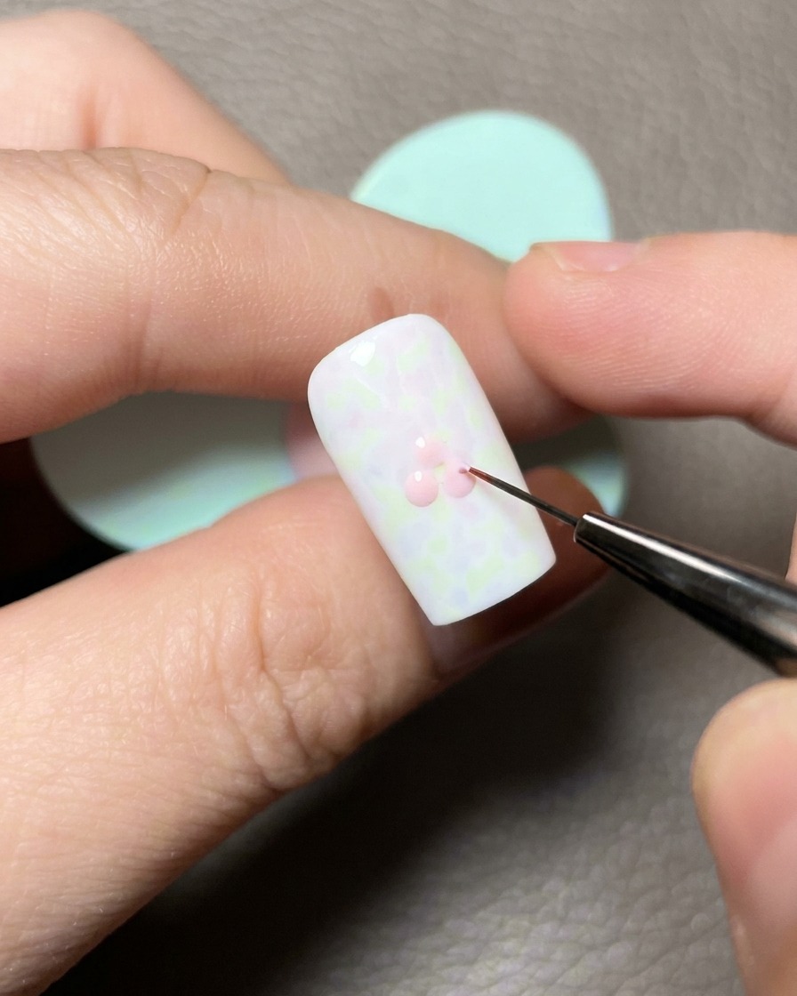 Un pinceau fin trace les contours pour relier les points de gel rose sur longle blanc afin de former un cœur.