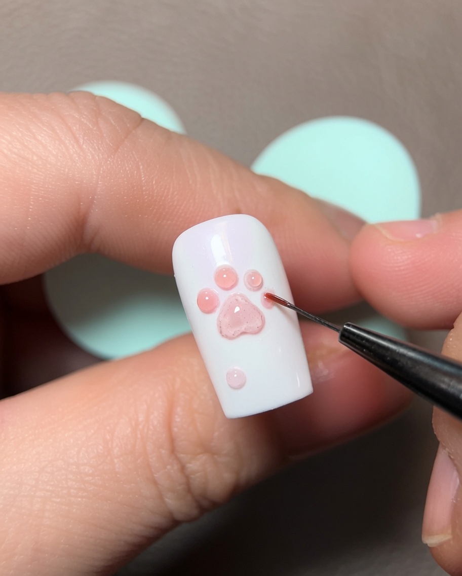 Un pinceau liner fin affine soigneusement les bords de lempreinte de patte en gel rose 3D sur longle blanc.