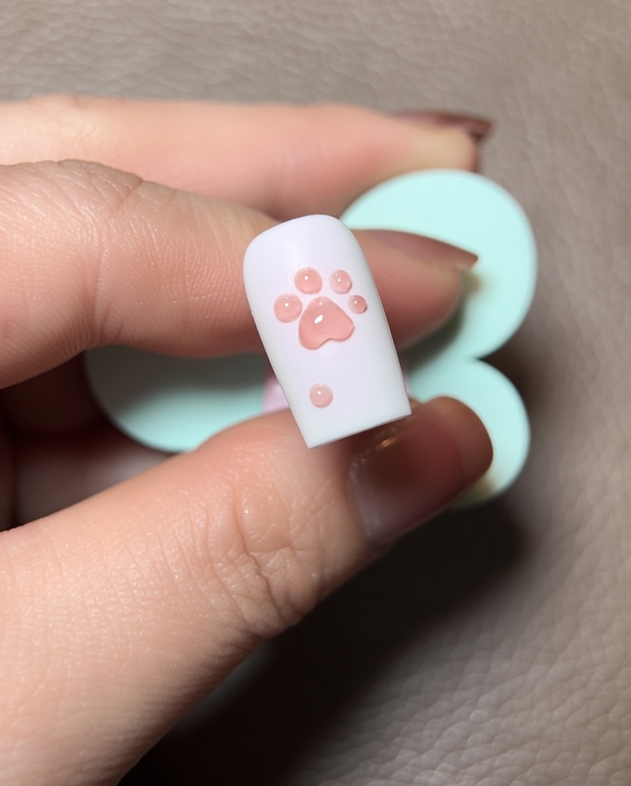 Un pinceau fin applique un trait de vernis œil-de-chat rouge autour du périmètre de la patte en gel 3D.