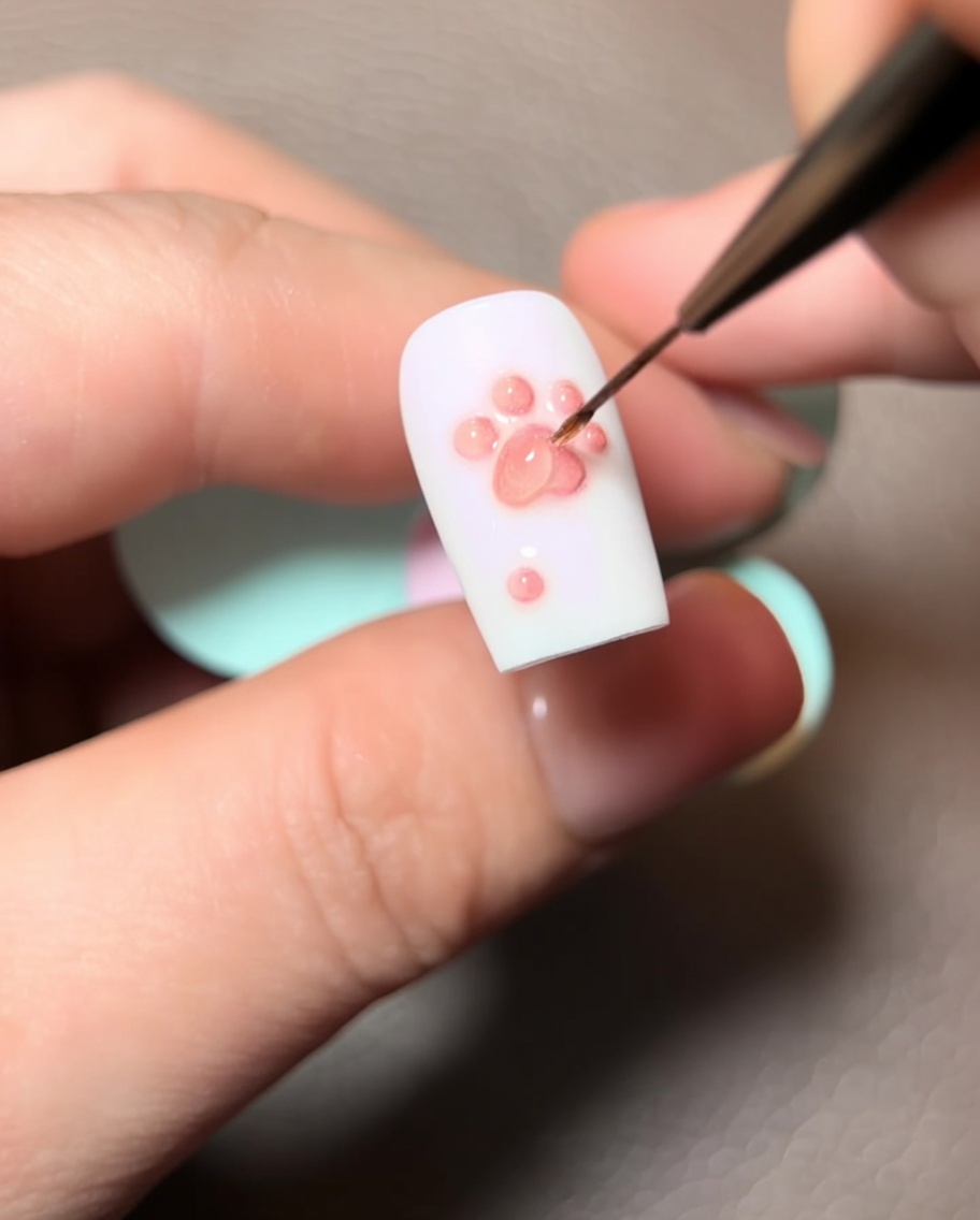 Un ongle est placé sous une petite lampe UV, focalisé sur le design de patte 3D.