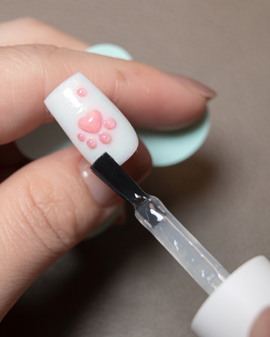 Un ongle avec une base non catalysée appliquée autour dun design de patte 3D, prêt pour lapplication de poudre.