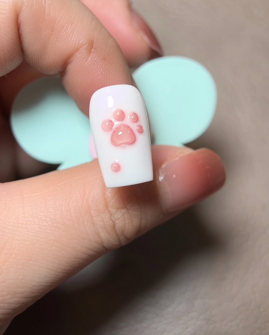 Gros plan montrant un doigt plongeant un ongle à base blanche avec un design de patte 3D dans un pot de poudre de flocking blanche.