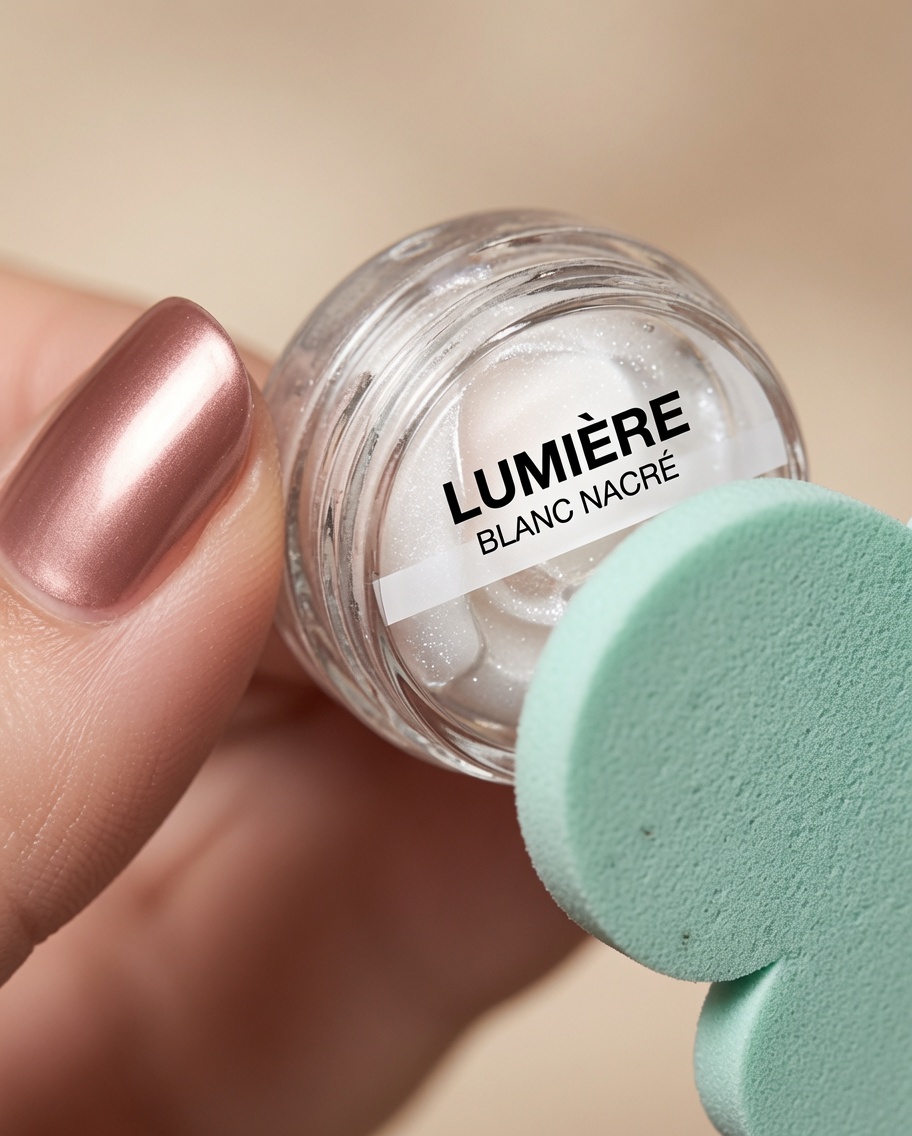 Vue rapprochée dun petit pot de poudre de flocking blanche avec un ongle visible en arrière-plan.