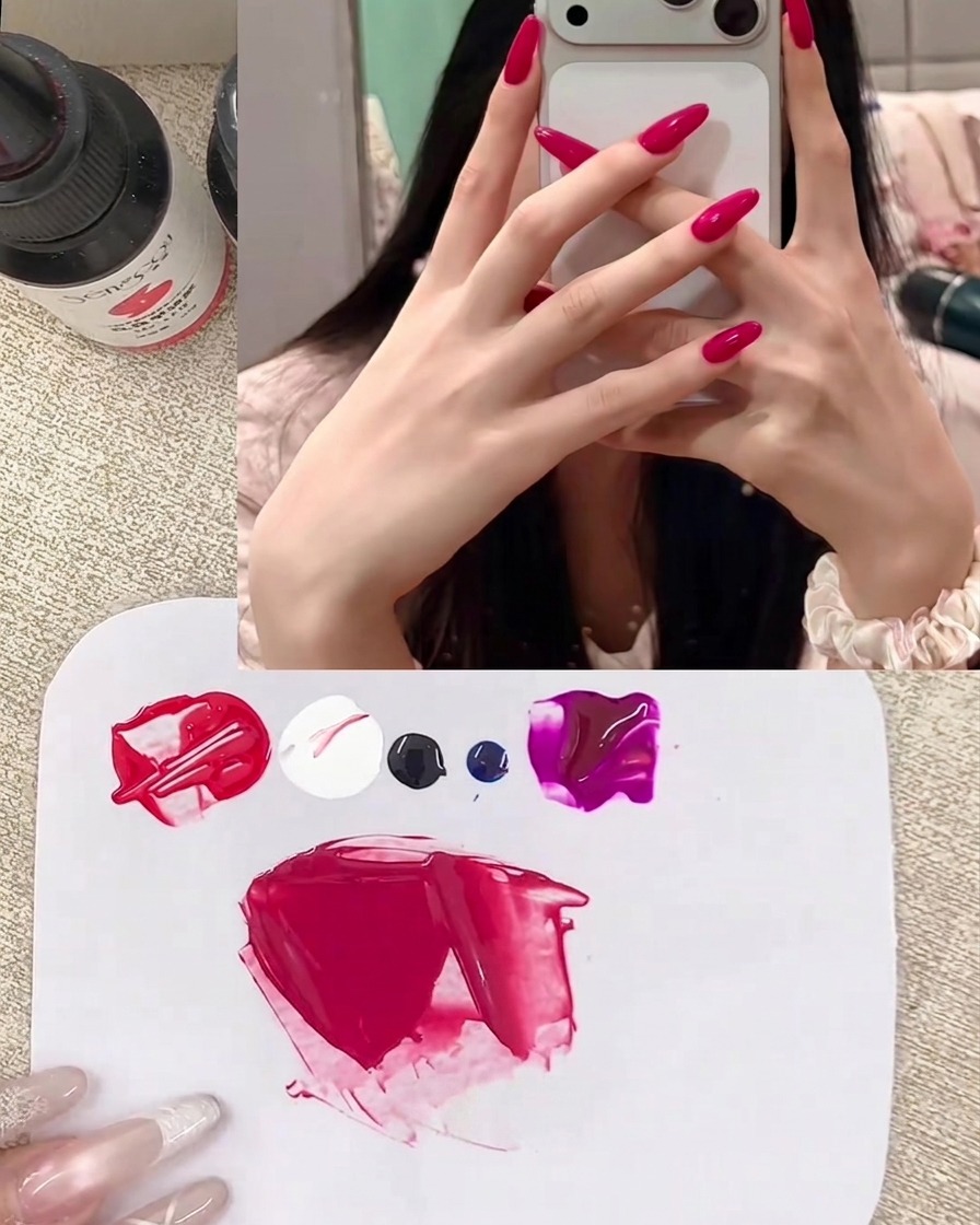 Une petite quantité de gel rouge vif incorporée au mélange existant pour parfaire la nuance rouge framboise.