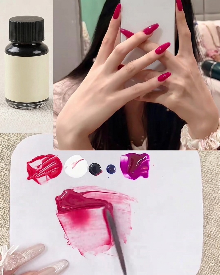 Gros plan dune spatule mélangeant une petite quantité de pigment foncé dans le gel rouge sur la palette.