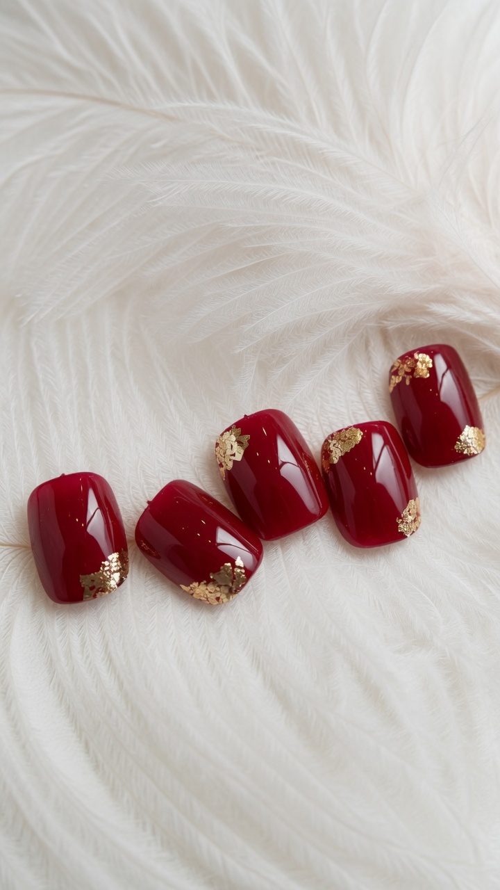 Manucure festive : ongles rouges et feuilles d'or étape par étape