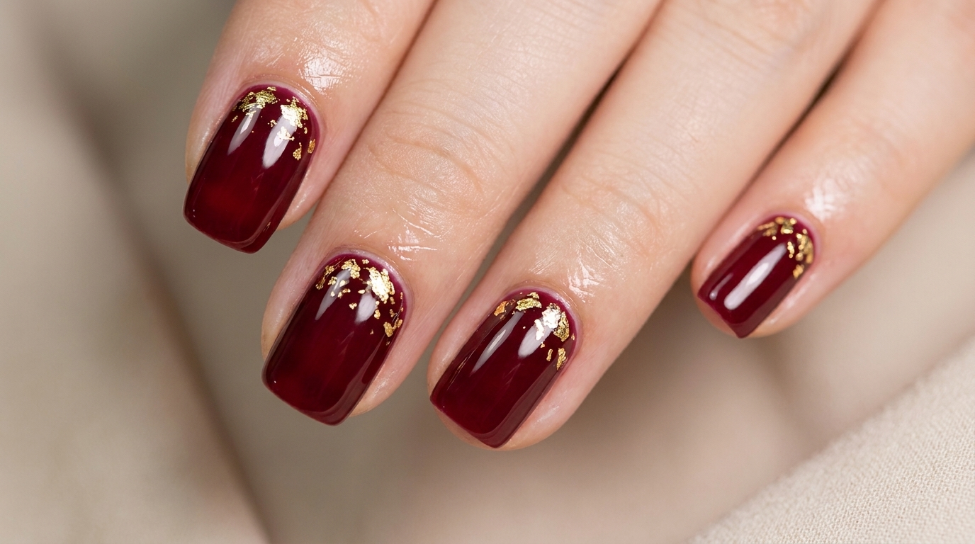 Manucure gel bordeaux terminée, agrémentée de délicats éclats de feuille dor concentrés près de la cuticule.