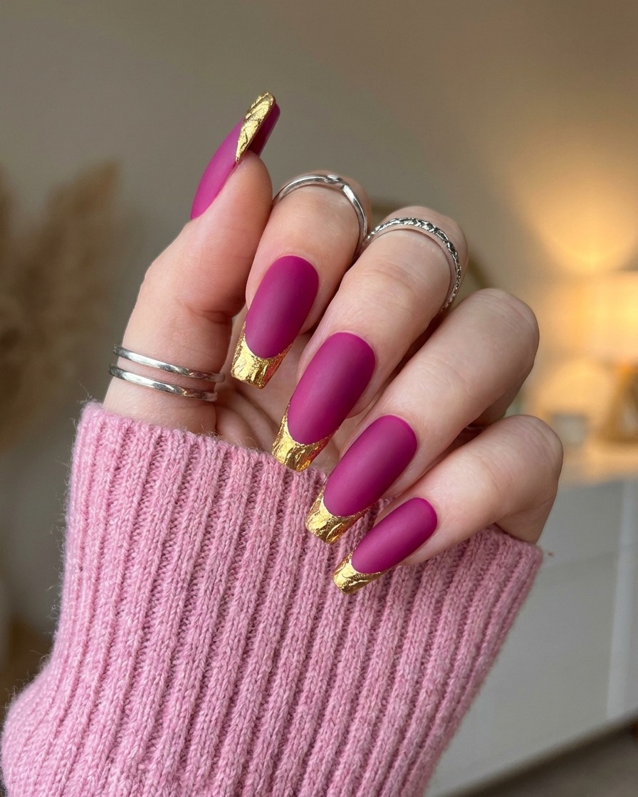 Un plan panoramique lent sur une main montrant la texture veloutée et uniforme du vernis rose vif mat sur tous les ongles.
