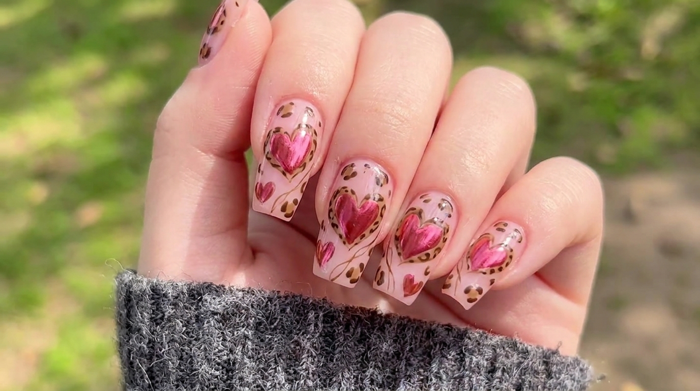 Ongles carrés brillants avec une base rose translucide, des cœurs magenta métallisés et de délicats motifs léopard marron.