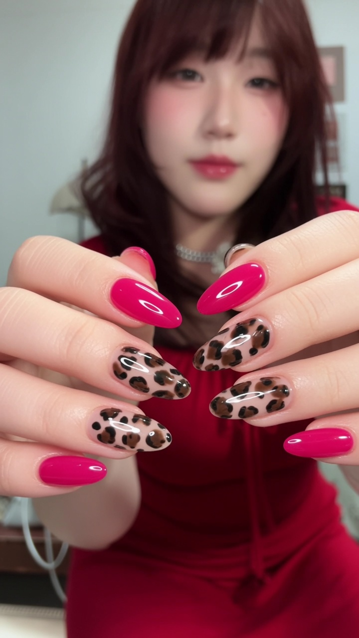 Manucure asymétrique : le duo fuchsia et imprimé léopard
