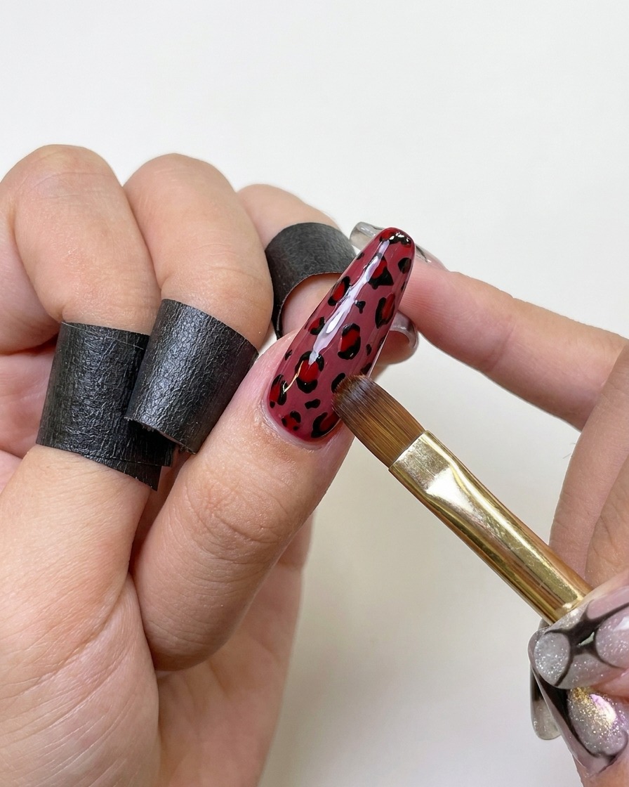 Application dun top coat brillant sur les ongles léopard terminés.