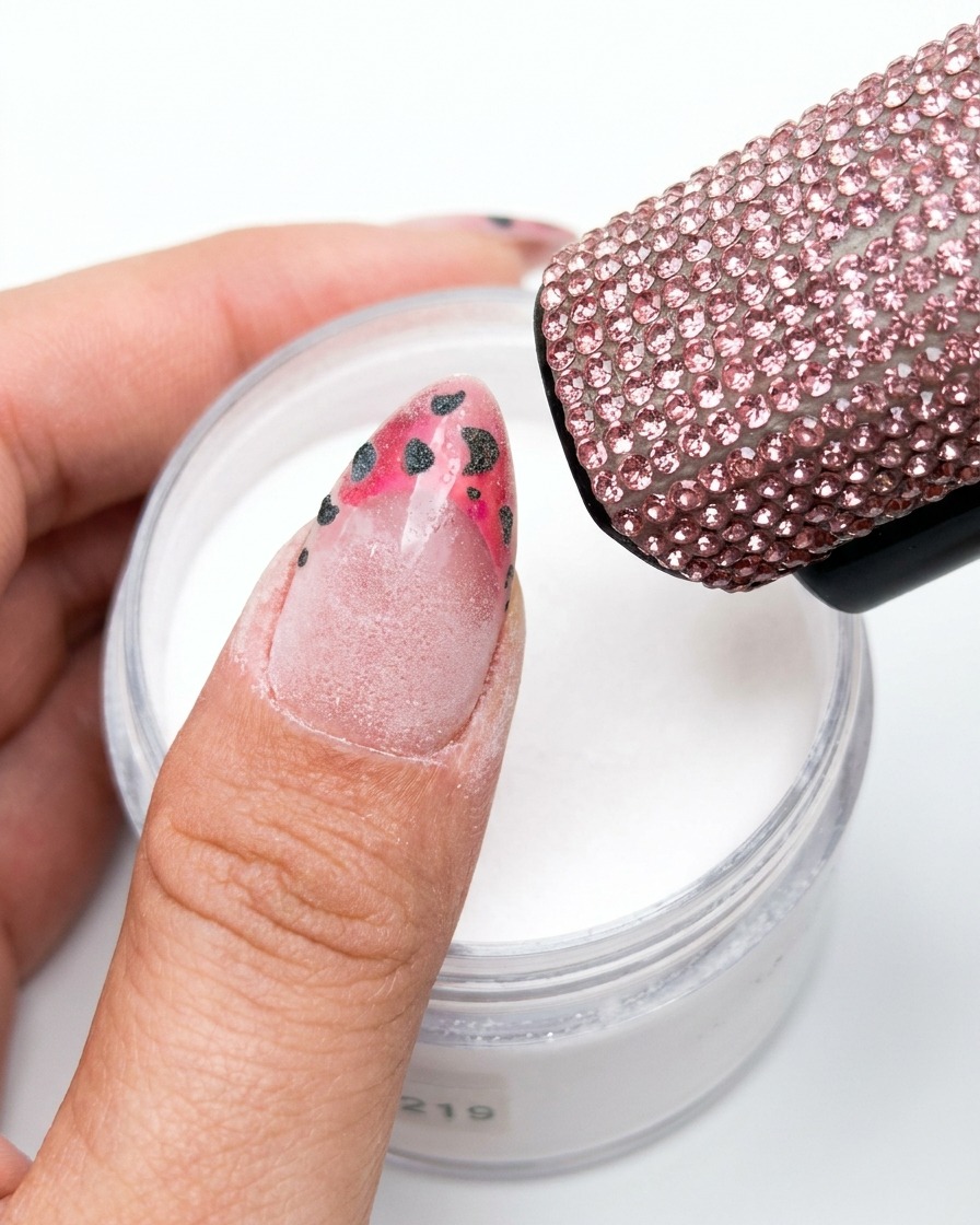 Un pinceau balayant un ongle pour enlever lexcès de poudre, révélant le motif léopard en dessous.