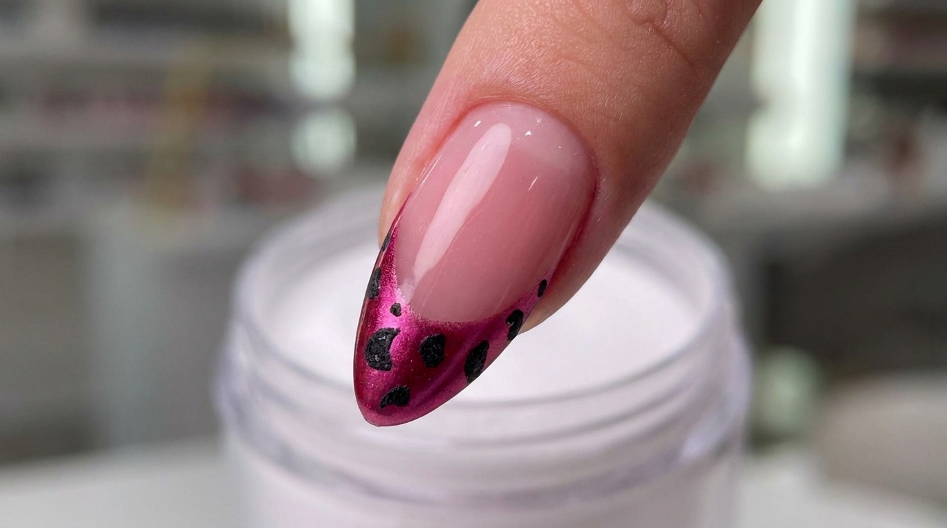 Ongles en amande sophistiqués avec une base magenta vibrante et une French manucure au motif léopard audacieux.