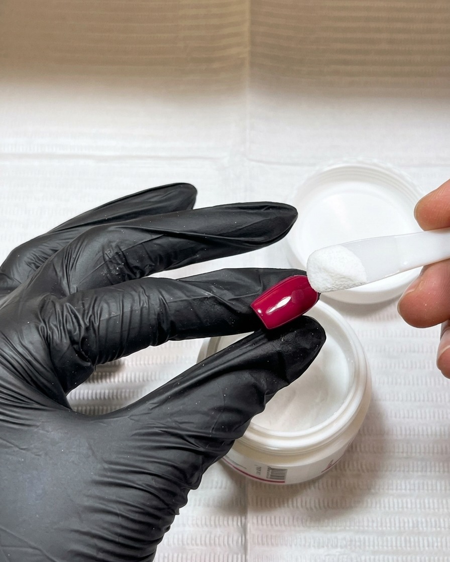 Gros plan montrant un repousse-cuticules saupoudrant de la poudre acrylique blanche sur une capsule rouge brillante.