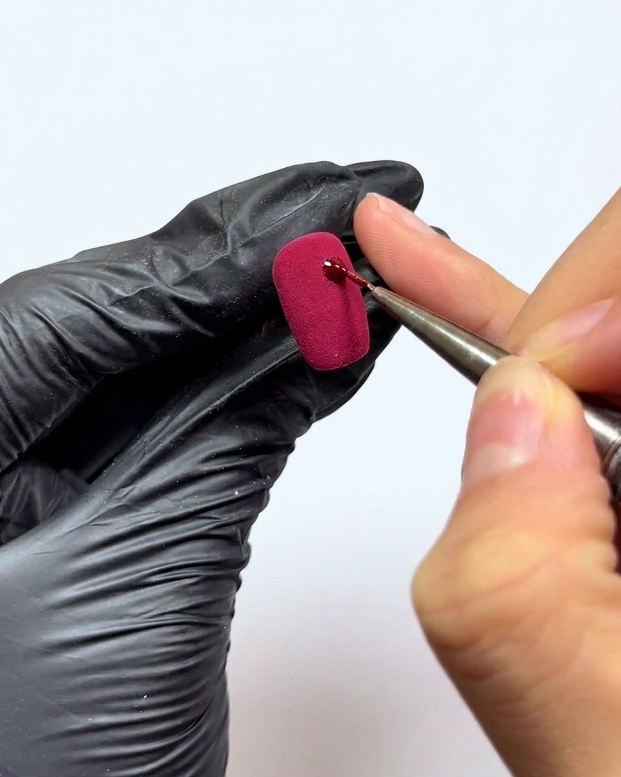 Un pinceau fin appliquant un petit point de gel rouge sur une surface dongle rouge texturée.