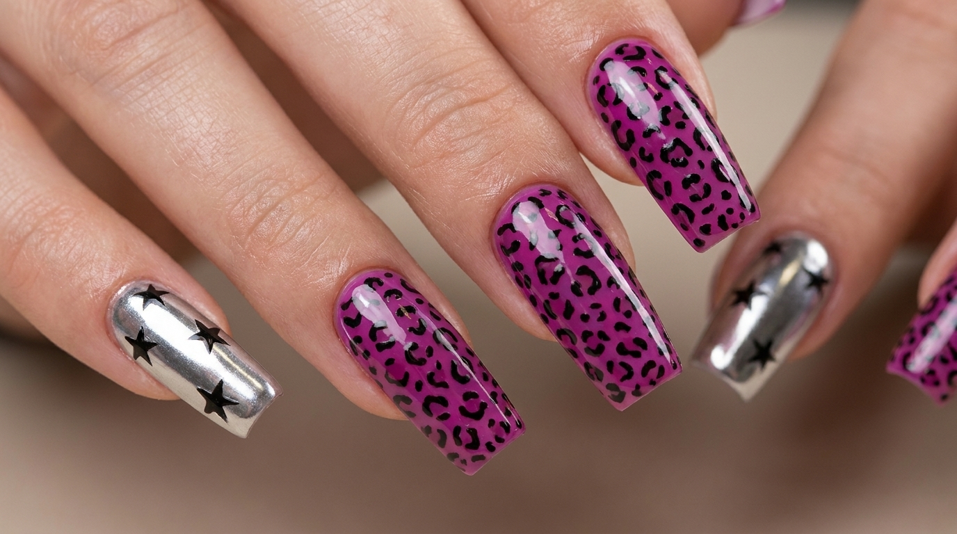 Extensions en gel Y2K : léopard magenta et chrome — Tutoriel étape par étape