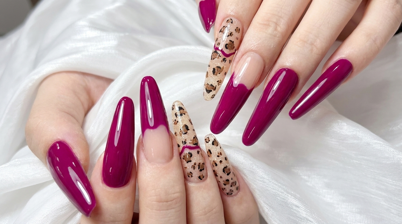Ongles en gel magenta et motif léopard — Tutoriel étape par étape