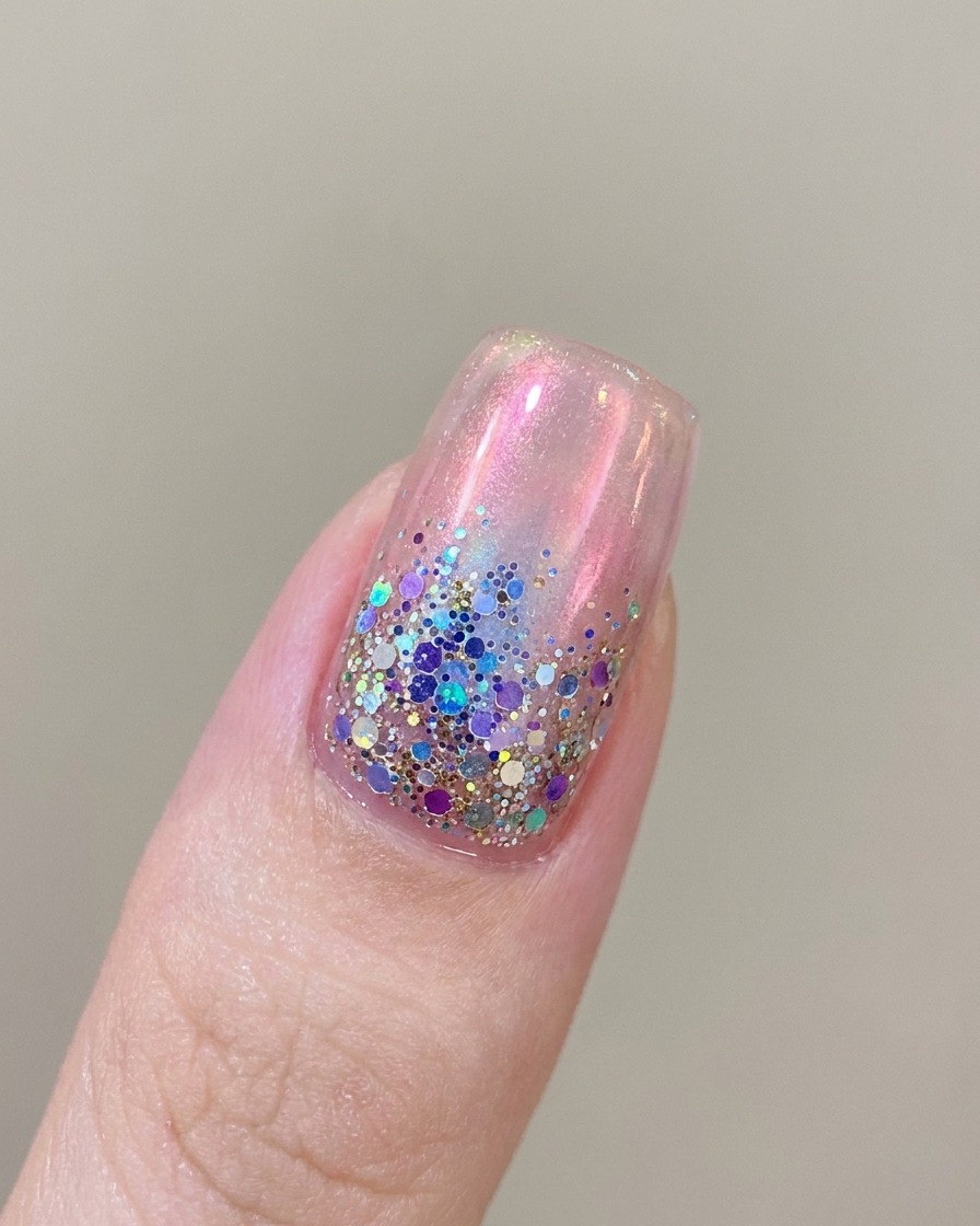 Gros plan dun pinceau appliquant un gel magnétique rose translucide sur un ongle naturel.