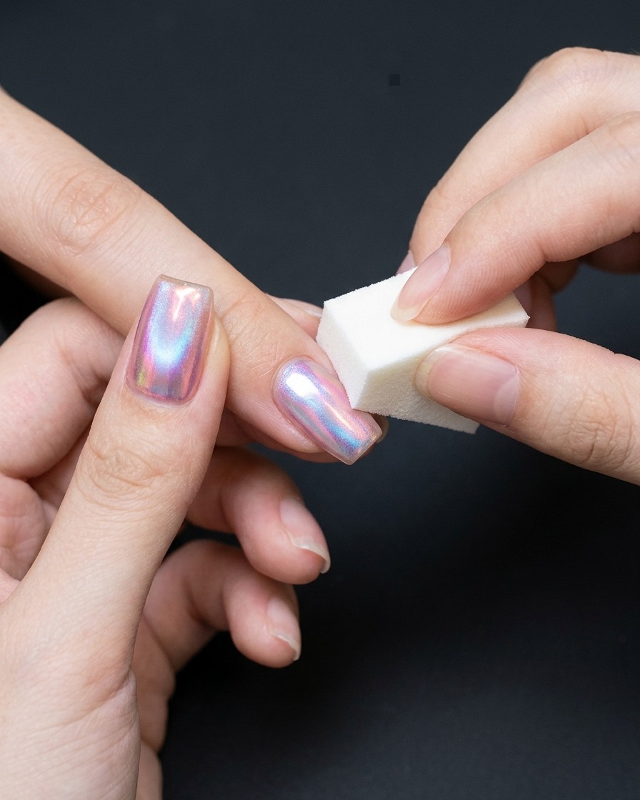 Un chiffon doux essuyant la poussière de poudre sur un ongle effet chrome.