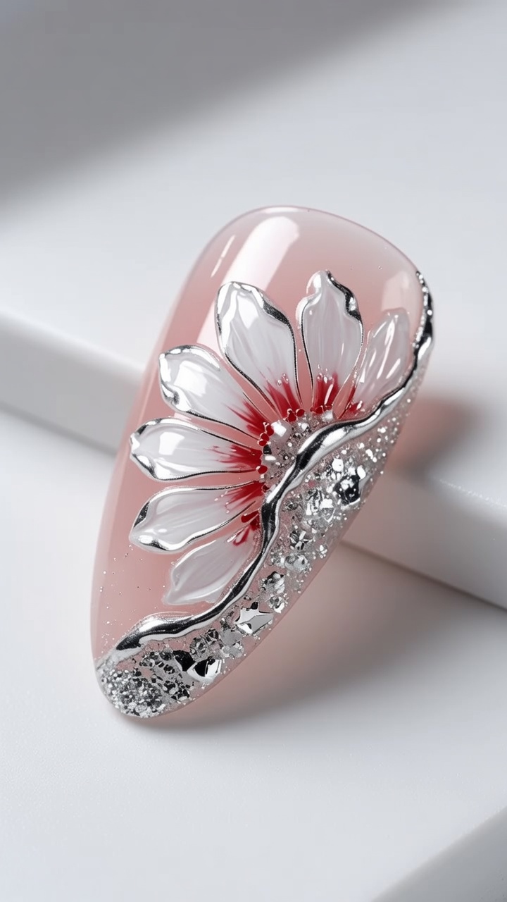 Manucure Gel avec Marguerites, Chrome et Accents Pailletés