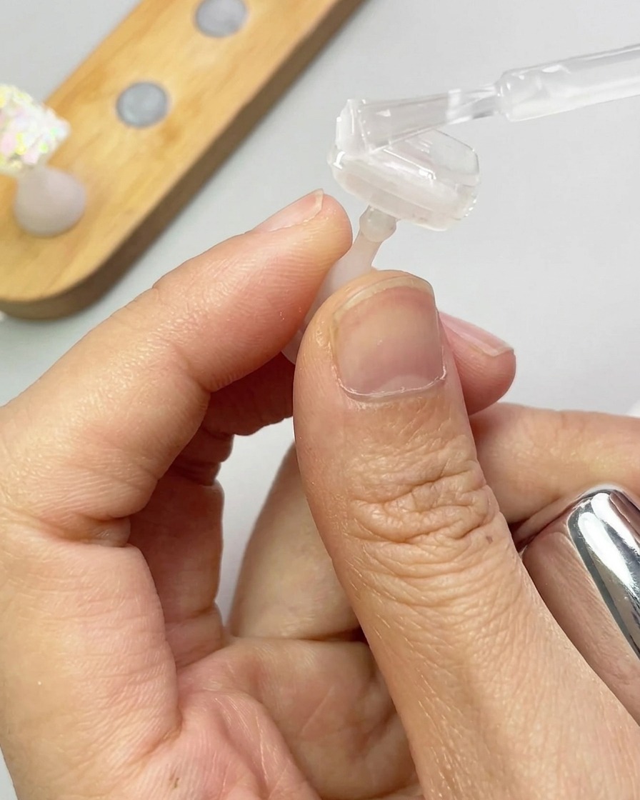 Un petit pinceau dépose des paillettes irisées et colorées sur un ongle recouvert de gel humide.