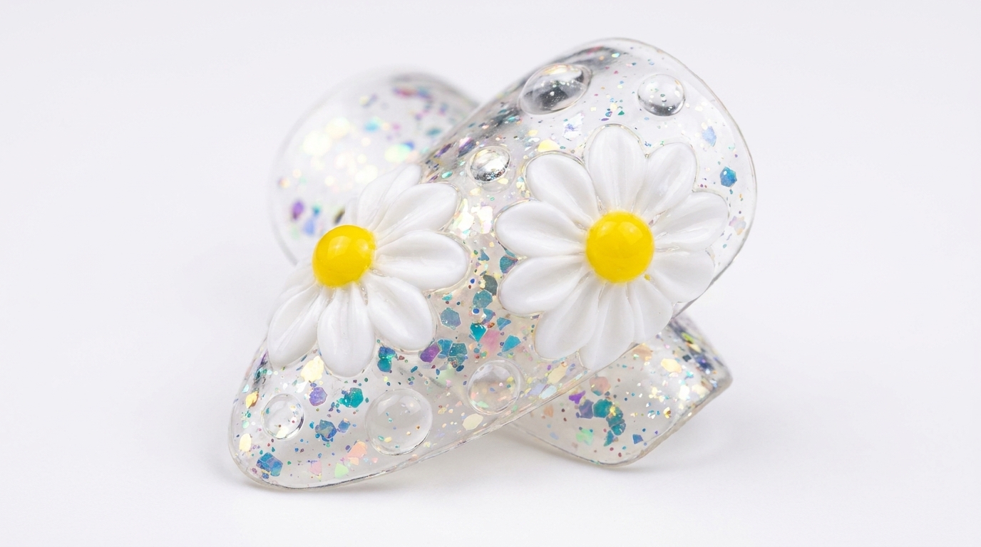 Ongles en gel avec marguerites 3D et effet goutte d'eau