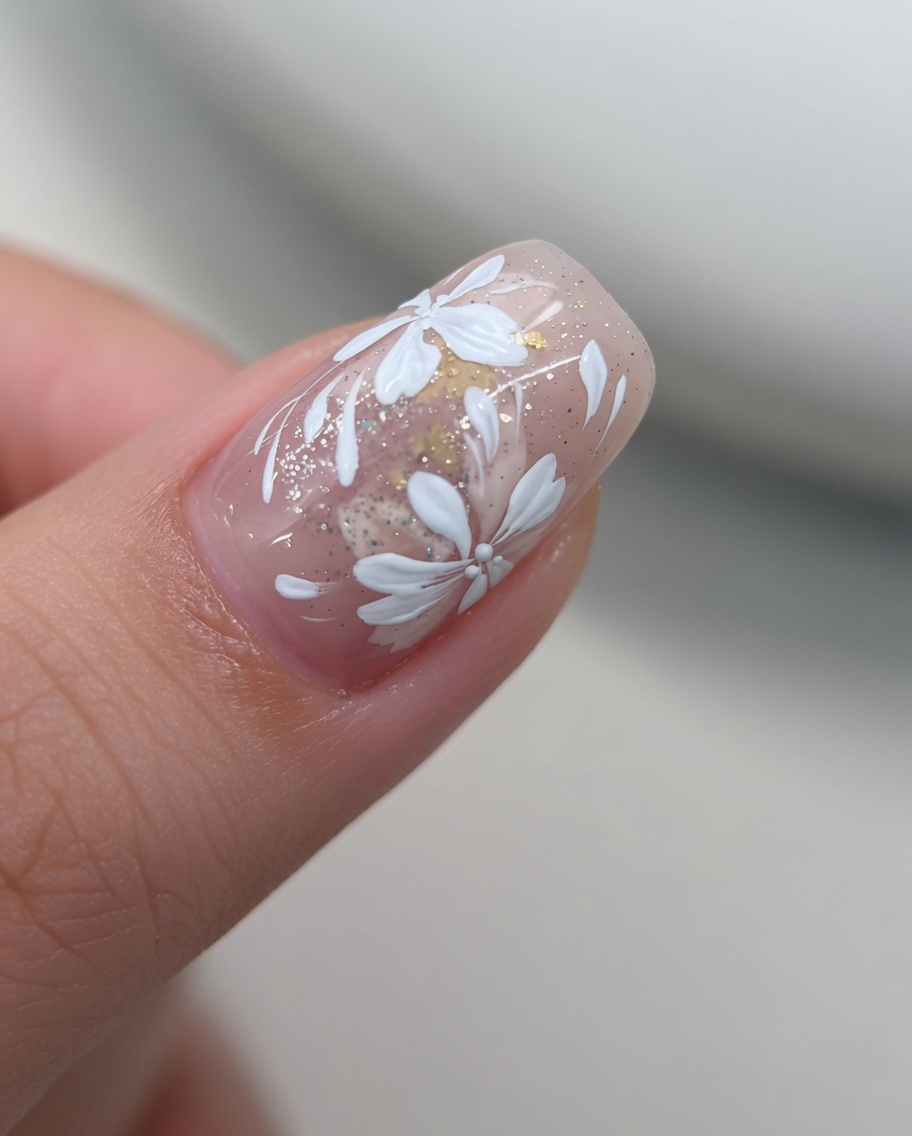 Un pinceau de précision peint des pétales de fleurs blancs délicats sur longle.