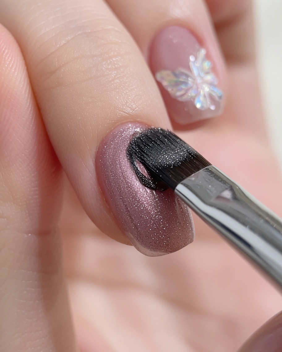 Un aimant cylindrique positionné au-dessus dun ongle recouvert de gel cat-eye humide, attirant les particules vers un point central.