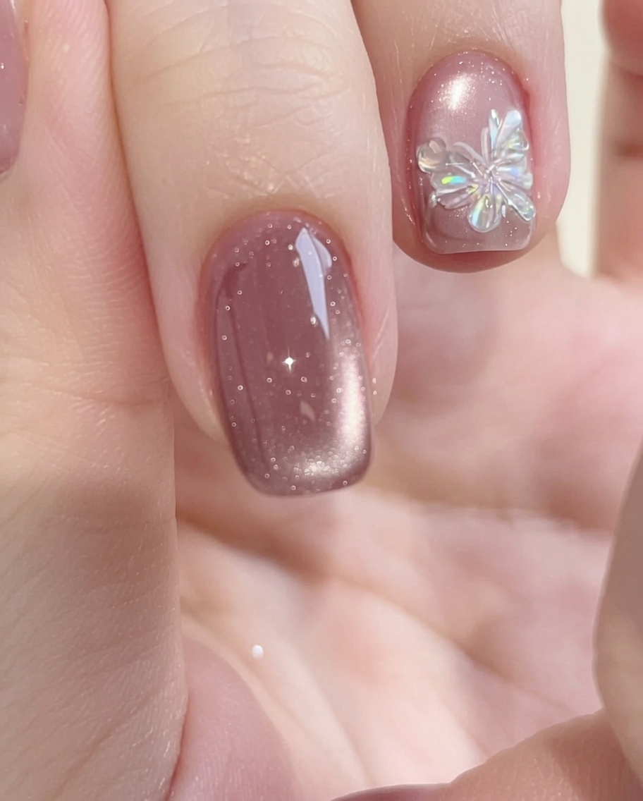 Un petit pinceau de précision déposant des paillettes aurora irisées sur la surface dun ongle manucuré.