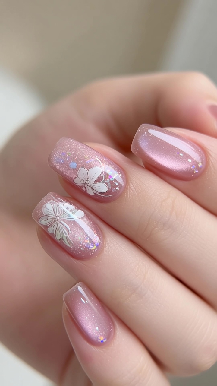 Nail Art Floral avec Effet Cat-Eye « Glass Bead » — Tutoriel Étape par Étape
