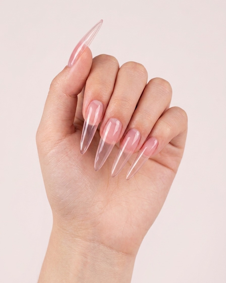 Une couche de gel magnétique rose appliquée sur un ongle, montrant le début de leffet scintillant.