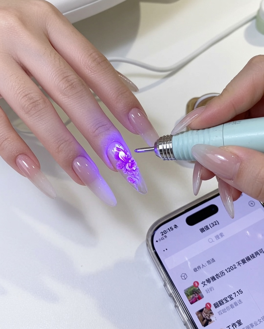 Un doigt avec un design floral peint à la main sous la lumière violette dune lampe UV.