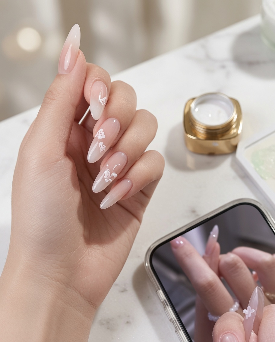 Gros plan sur un pinceau à ongle déposant une petite goutte de gel adhésif transparent sur un ongle décoré.