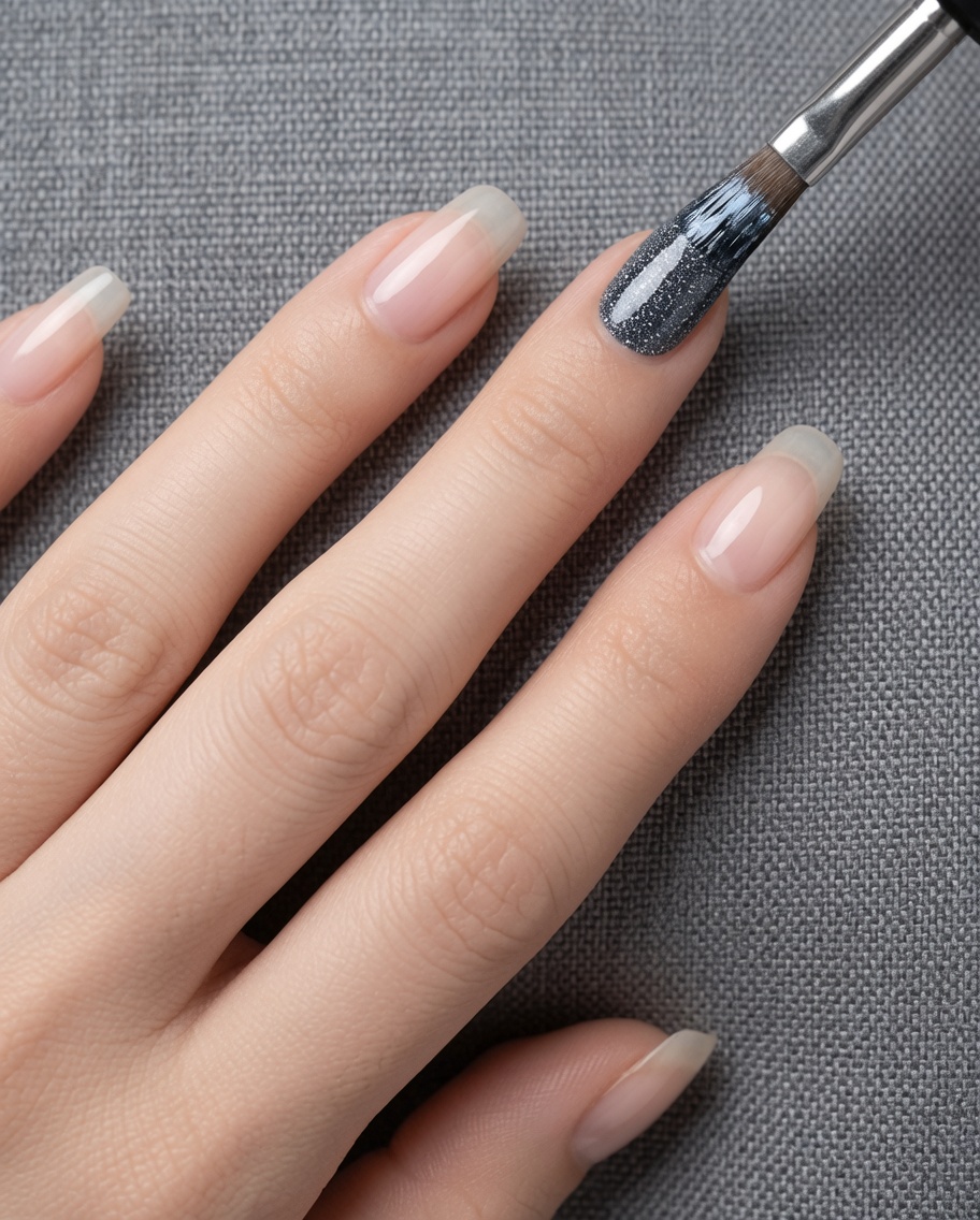 Un ongle avec une seule couche de vernis gel gris, montrant une couleur grise légère et translucide.