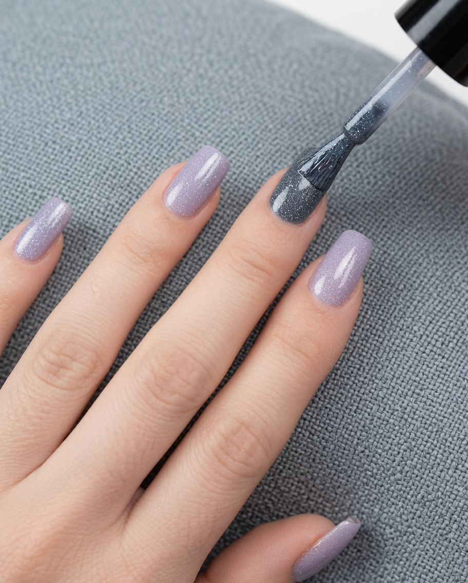 Un pinceau appliquant une deuxième couche de vernis gel gris clair sur un ongle.