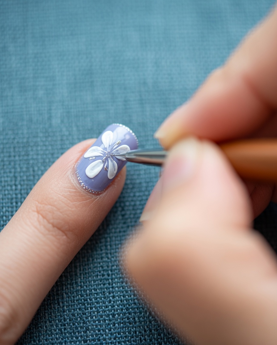 Gros plan dun ongle gris arborant des pétales de marguerite blancs peints au gel.