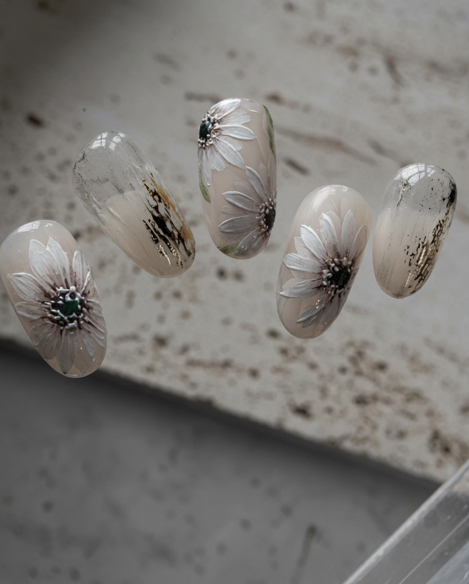 Gros plan dun pinceau liner créant un trait de pétale blanc sur un ongle nude.