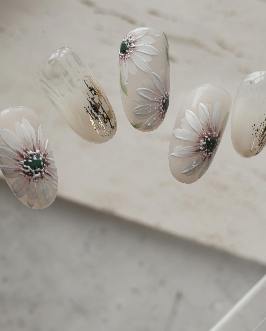 Gros plan dun deuxième pétale blanc peint sur longle pour former la structure de la fleur.