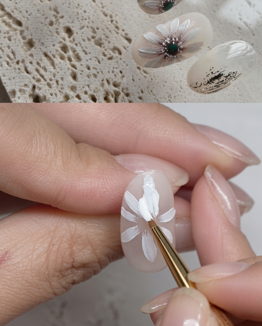 Un pinceau nail art appliquant un petit point de gel vert au centre de la marguerite.