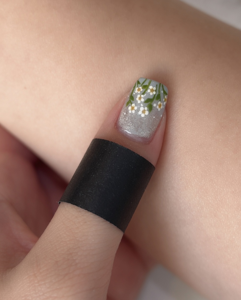 Gros plan dun pinceau fin peignant de fines tiges vertes sur un ongle au fini mat.