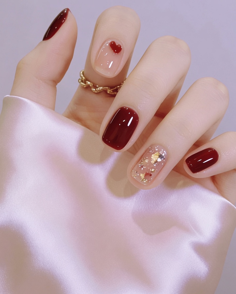 Un pinceau appliquant une couche de vernis gel bordeaux riche sur un ongle.