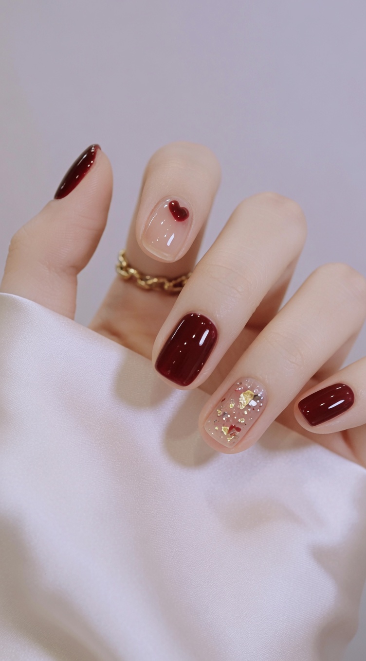 Manucure Gel Bordeaux et Paillettes Dorées avec Accent Cœur — Tutoriel Pas à Pas