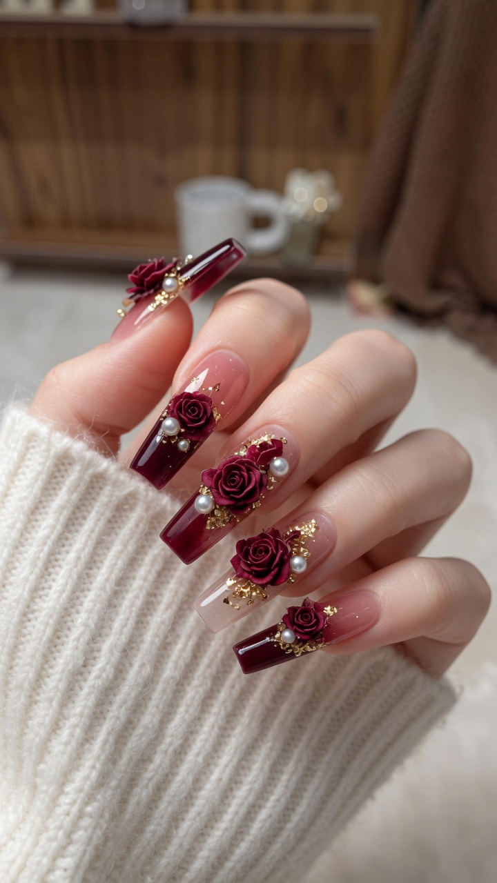 Manucure Gothique aux Roses Séchées — Design Sophistiqué pour le Nouvel An