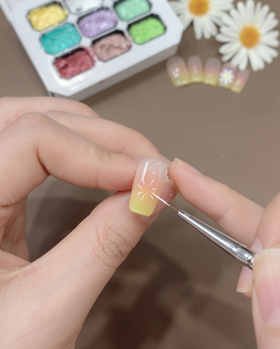 Vue rapprochée dun pinceau liner fin créant de petites lignes blanches fines sur un ongle ombré rose et jaune pour marquer les pétales de la marguerite.