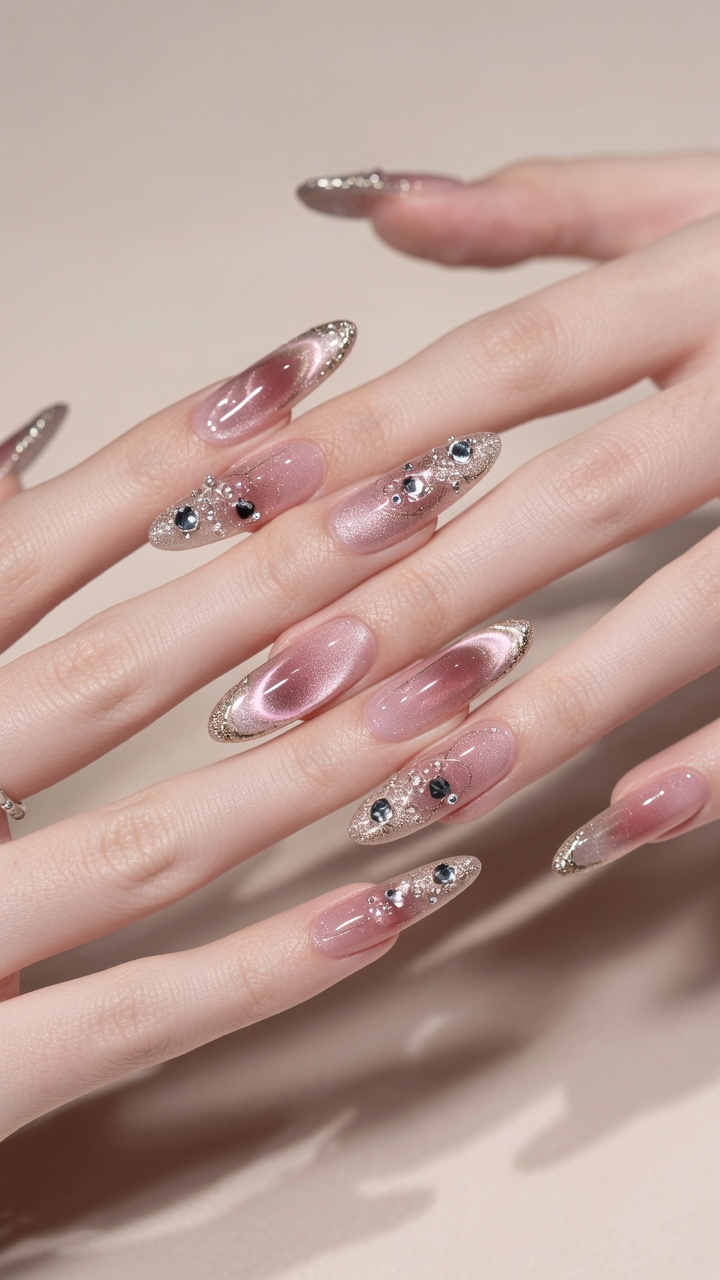 Ongles Ombré Cat-Eye Rose avec Accents Dorés — Tutoriel Étape par Étape