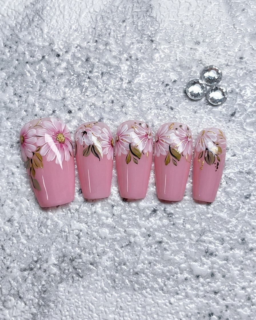Vue rapprochée dune marguerite blanche partiellement peinte sur un ongle rose, montrant les pétales formant un cercle.