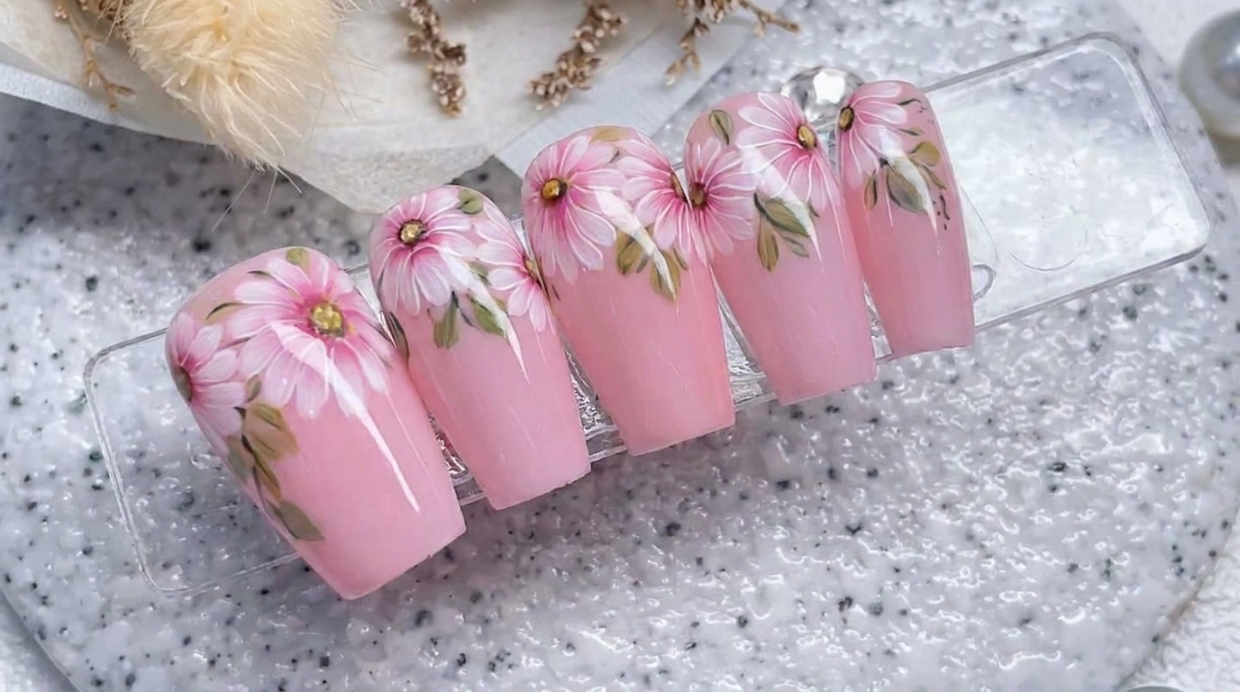 Nail Art Marguerites Roses — Tutoriel Élégant à Main Levée