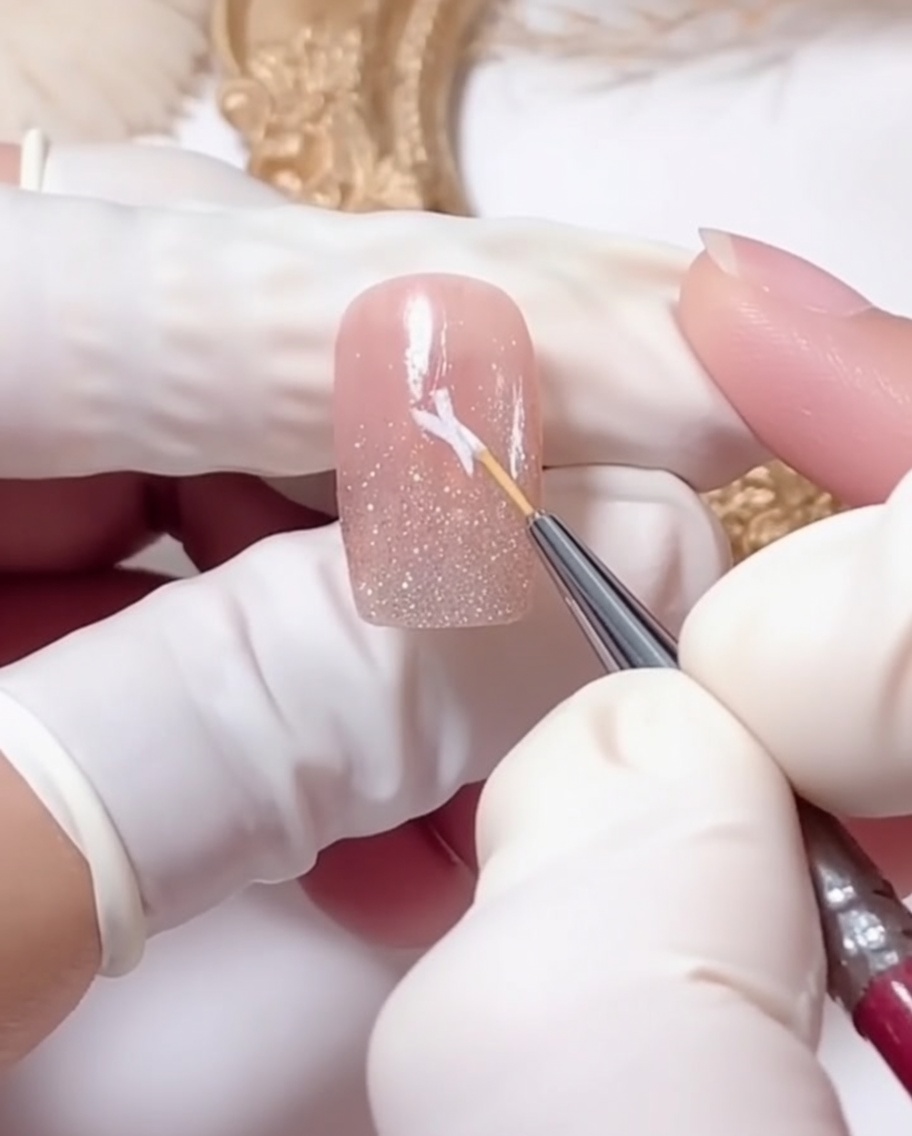 Un pinceau liner ajoutant soigneusement des détails de pétales blancs dans le coin inférieur gauche dun ongle au dégradé pailleté.