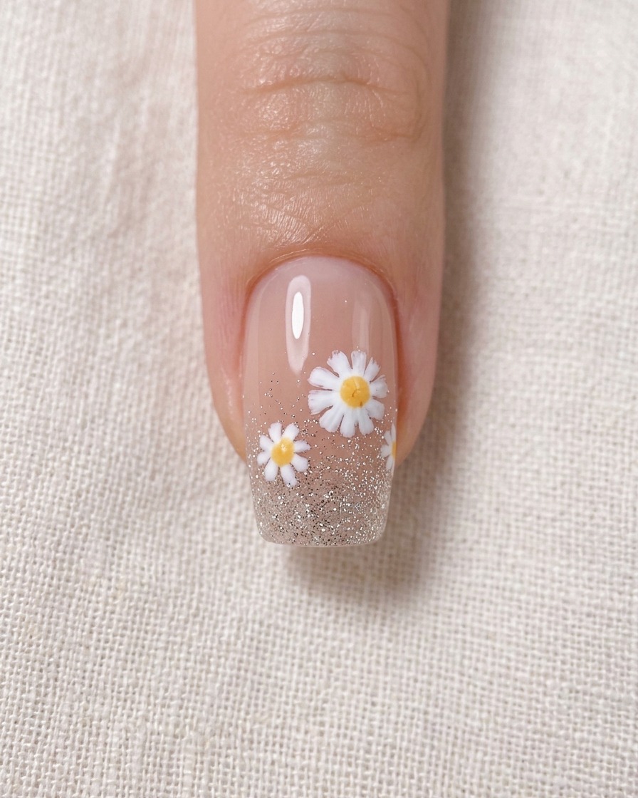 Gros plan dun ongle montrant trois marguerites avec des tiges brunes dessinées dessous.