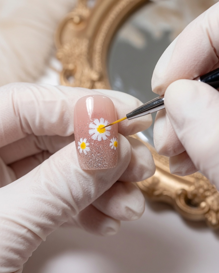 Un pinceau liner appliquant de la peinture verte pour créer de petites feuilles sur les tiges des marguerites.
